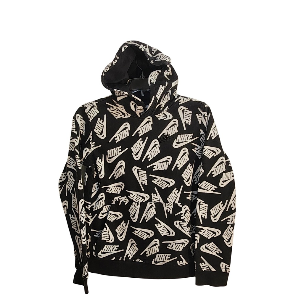 Nike Youth Sportswear All Over Print Logo Fleece Pullover Hoodie Black White L